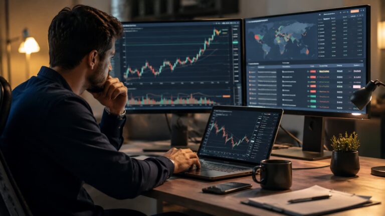 Trader revisa margen y eventos macro antes de operar en plataforma online