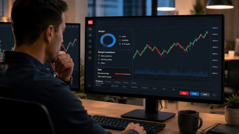 Trader revisa margen y riesgo de CFD en una plataforma de IG