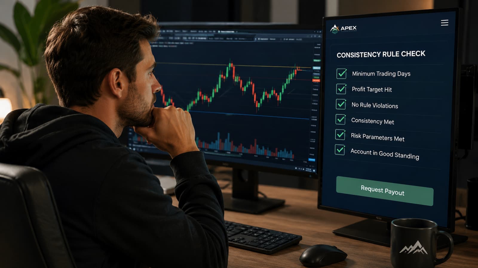 Trader revisa regla de consistencia antes de pedir payout en Apex