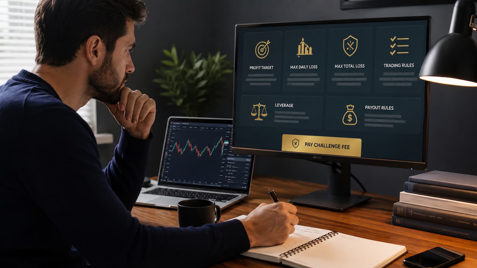 Trader revisa reglas de fondeo antes de pagar un challenge