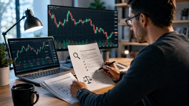 Trader revisa reglas de fondeo y prediction markets antes de operar