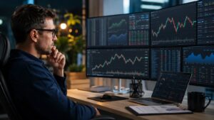 Trader revisa resultados Q2 y CFDs sobre acciones en una plataforma de trading
