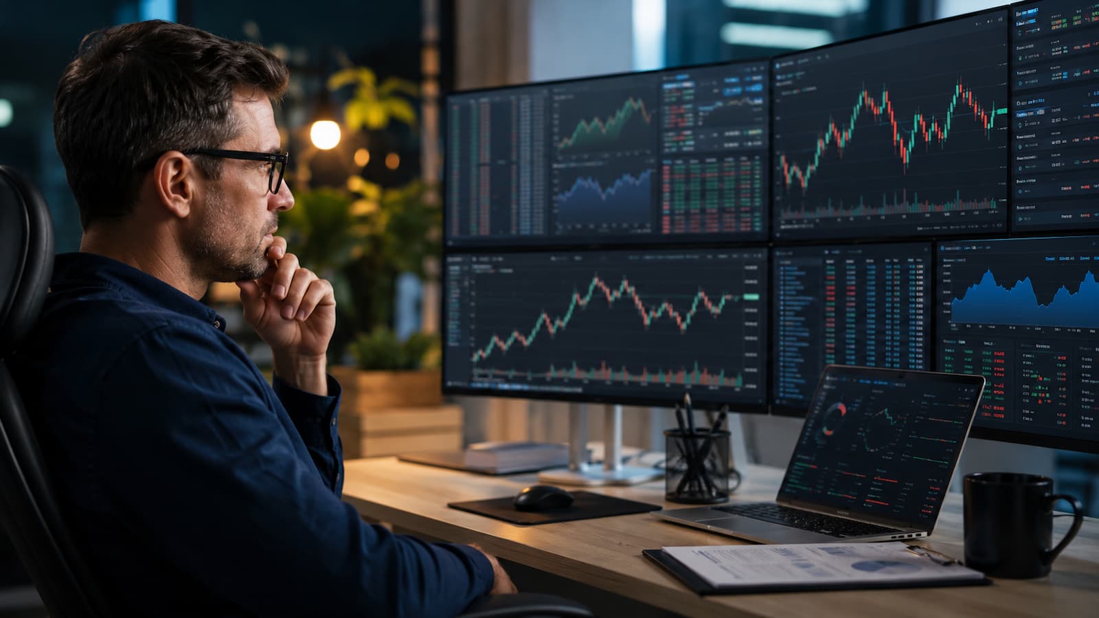 Trader revisa resultados Q2 y CFDs sobre acciones en una plataforma de trading