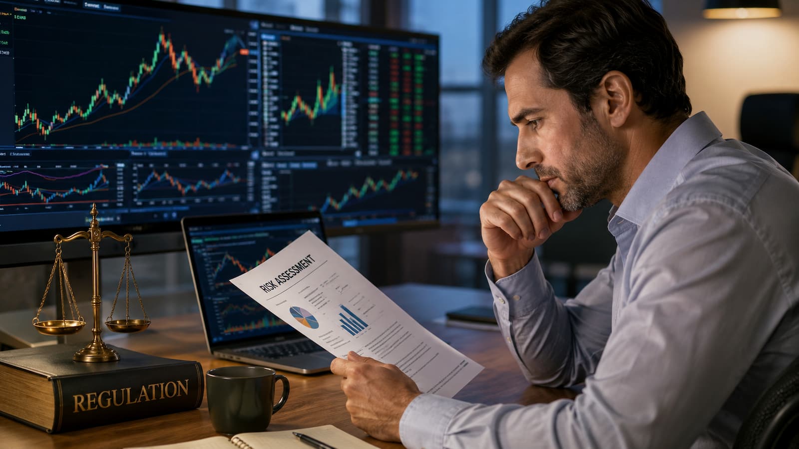Trader revisa riesgos de CFDs y regulación antes de elegir bróker.