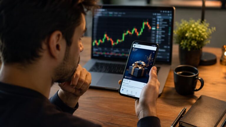 Trader revisa una promoción financiera en redes antes de abrir cuenta