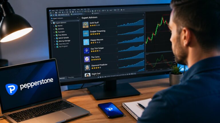 Trader revisando Expert Advisors en MetaTrader con Pepperstone