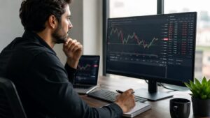 Trader revisando condiciones de Pepperstone Pro antes de operar CFDs