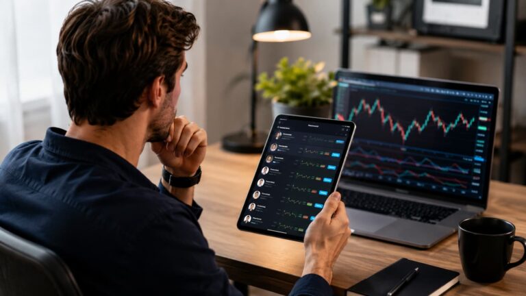 Trader revisando copy trading y riesgos en Pepperstone
