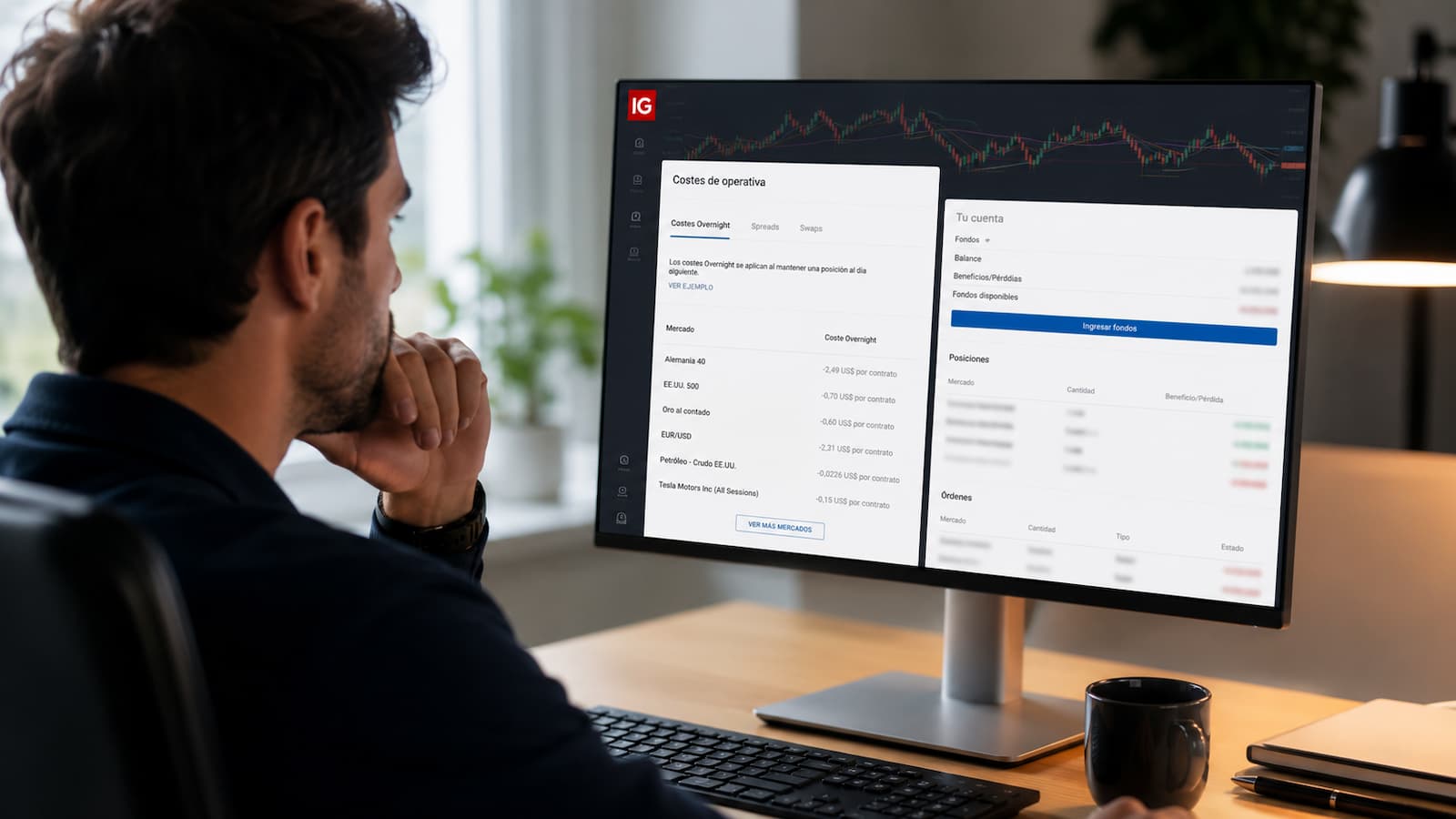Trader revisando costes overnight spreads y swaps antes de operar CFDs en IG.