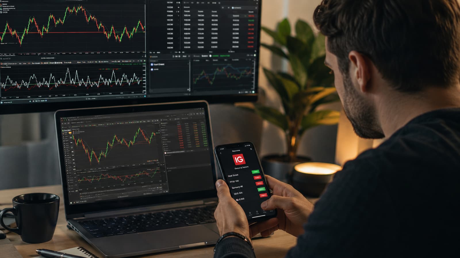 Trader revisando gráficos y alertas en una plataforma conectada a IG