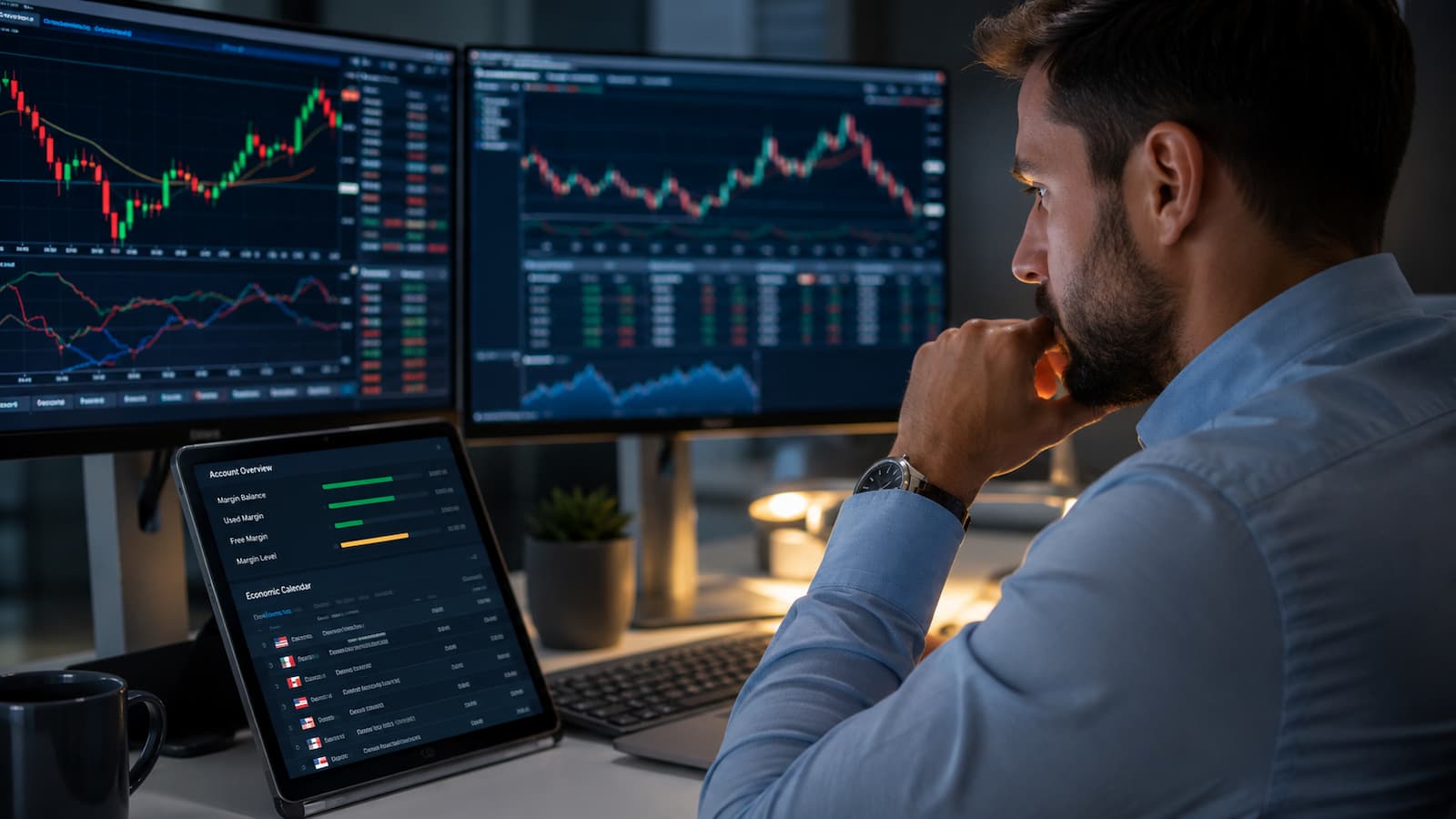 Trader revisando margen y calendario macro antes de operar noticias