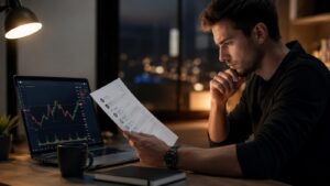 Trader revisando reglas de fondeo antes de pagar un challenge