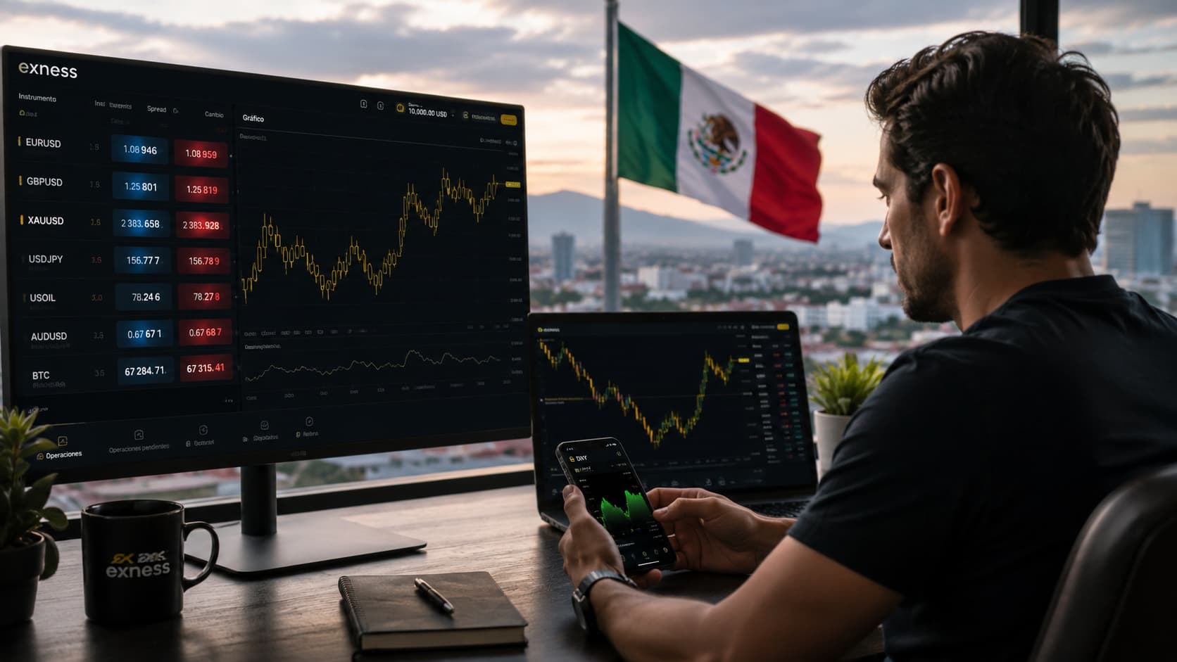 Trader revisando spreads de Exness en forex y DXY desde México
