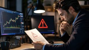 Trader revisando una alerta regulatoria sobre brókers internacionales.