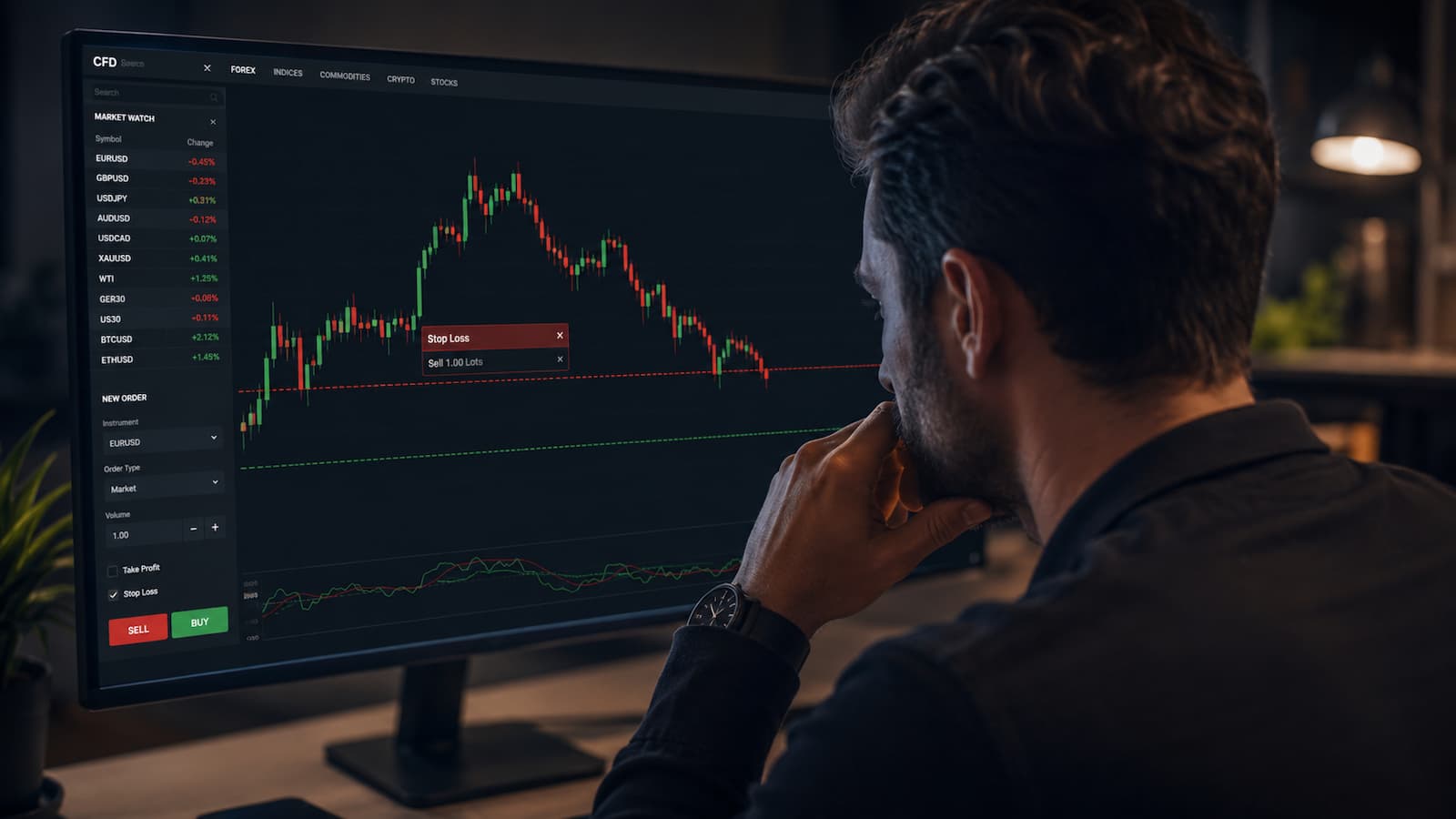 Trader revisando una orden stop loss en una plataforma de CFDs