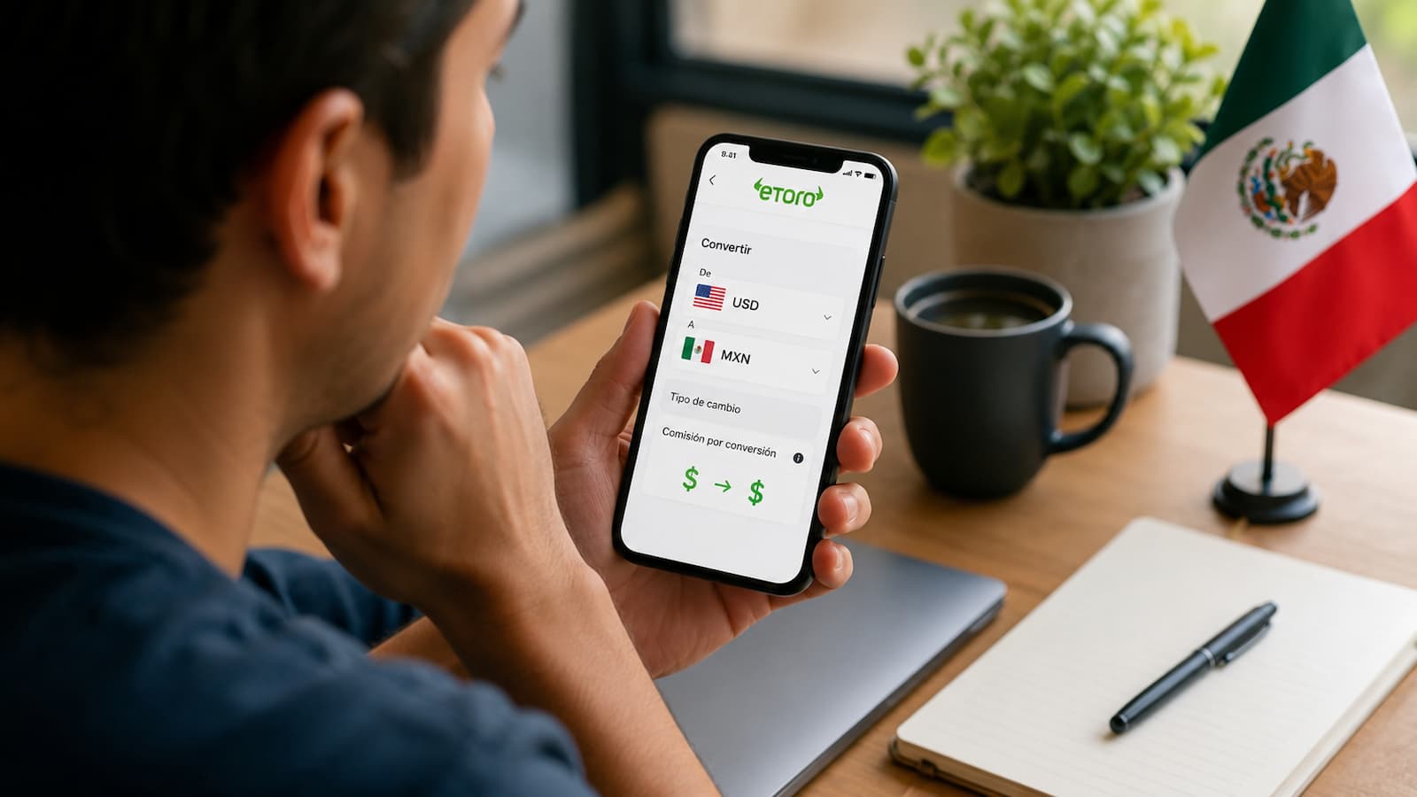 Usuario mexicano revisa el coste de conversión de divisa en eToro.