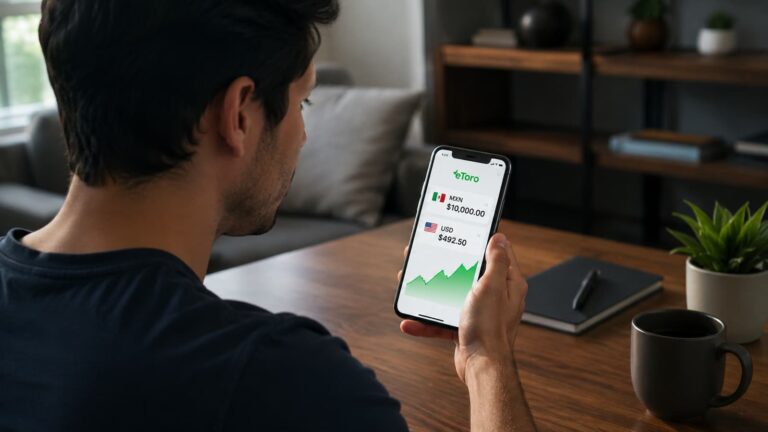 Usuario mexicano revisando conversión de pesos a dólares en eToro