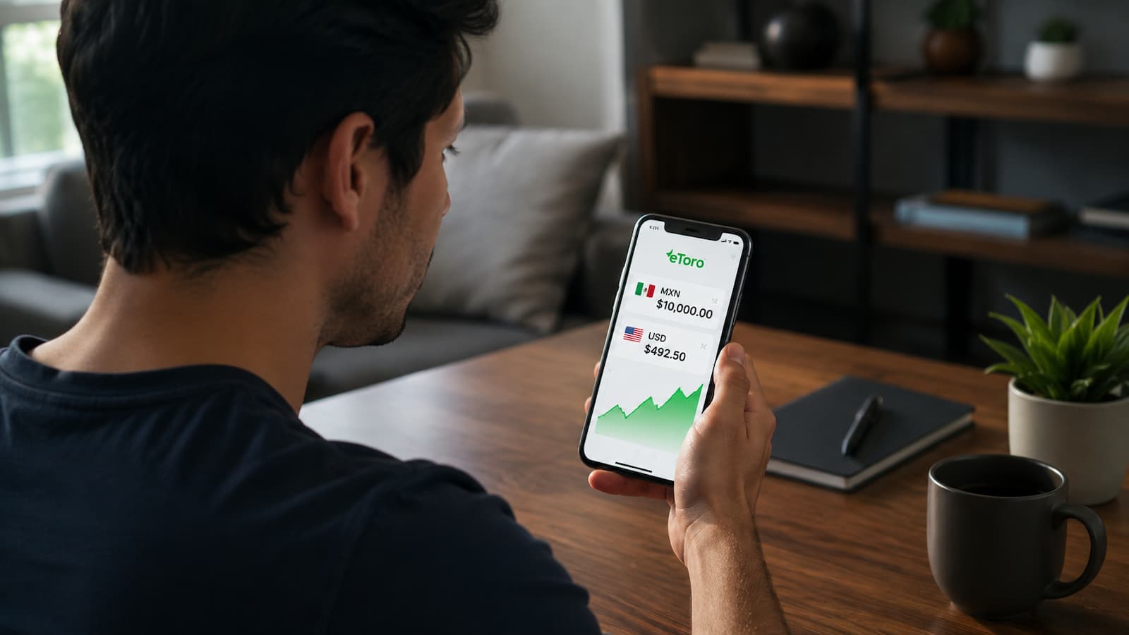 Usuario mexicano revisando conversión de pesos a dólares en eToro
