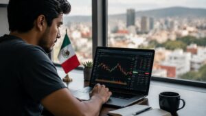 Usuario mexicano revisando futuros y condiciones de trading en una plataforma online.