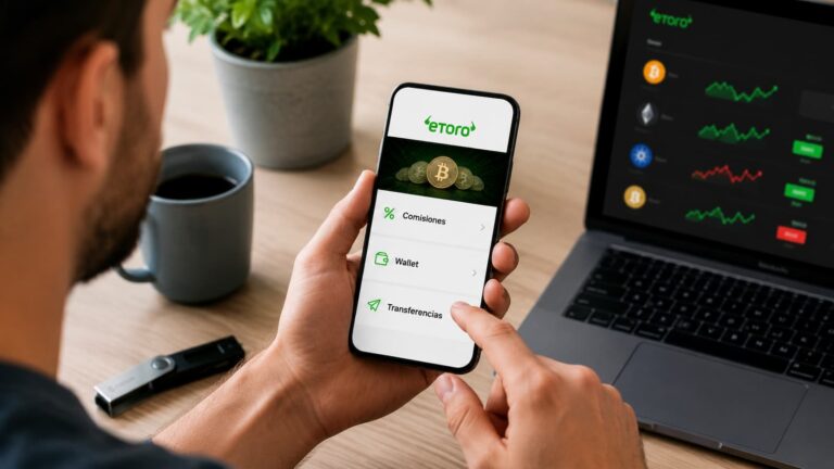 Usuario revisa comisiones cripto wallet y transferencias en eToro