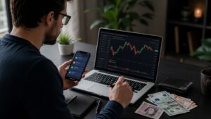 Usuario revisa depósitos y divisas antes de operar con un bróker internacional.