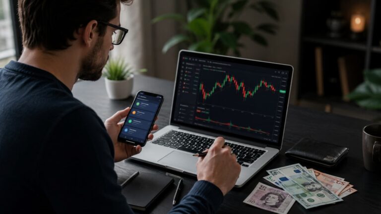 Usuario revisa depósitos y divisas antes de operar con un bróker internacional.