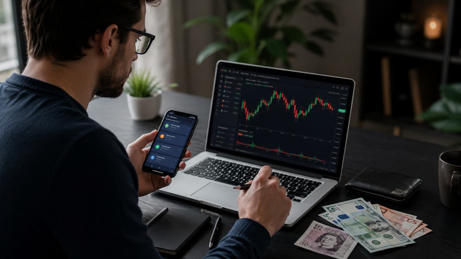 Usuario revisa depósitos y divisas antes de operar con un bróker internacional.