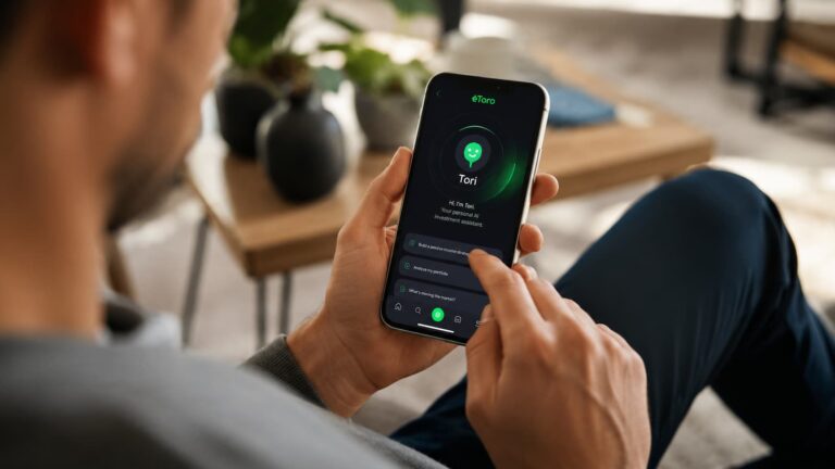 Usuario revisa la nueva IA Tori de eToro desde una app móvil.