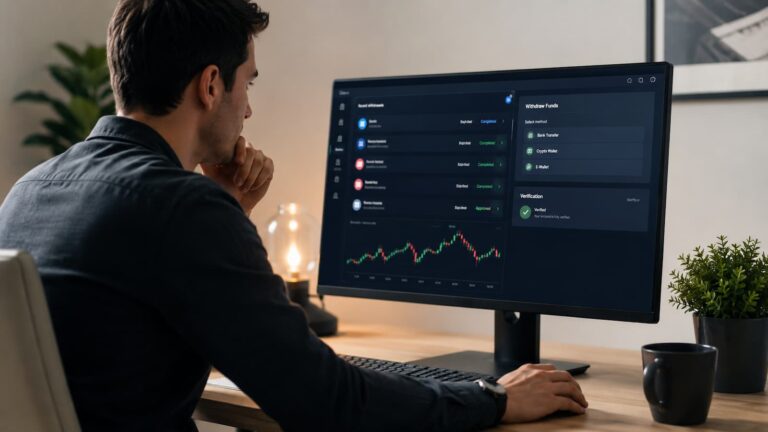 Usuario revisa retiros y verificación en una plataforma de trading.