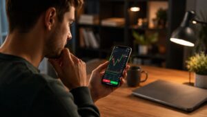 Usuario revisa una app de trading antes de depositar dinero