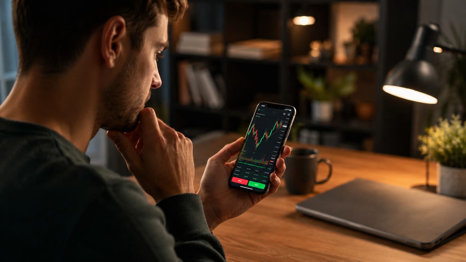 Usuario revisa una app de trading antes de depositar dinero