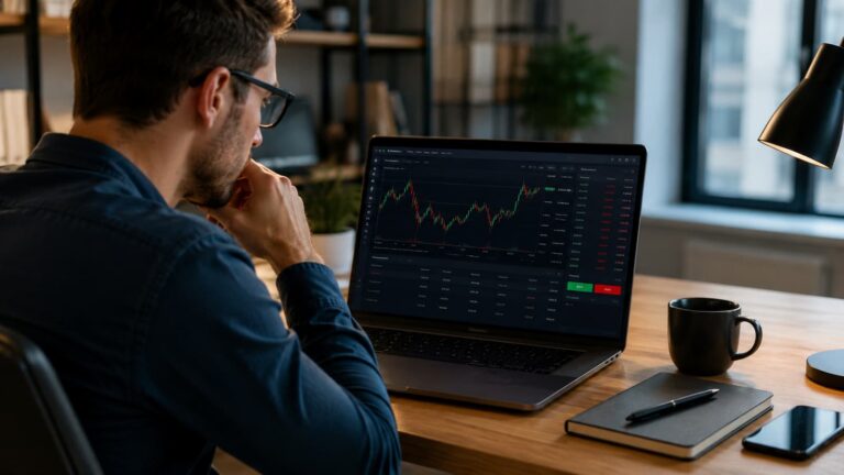 Usuario revisa una web de trading antes de depositar en un bróker.