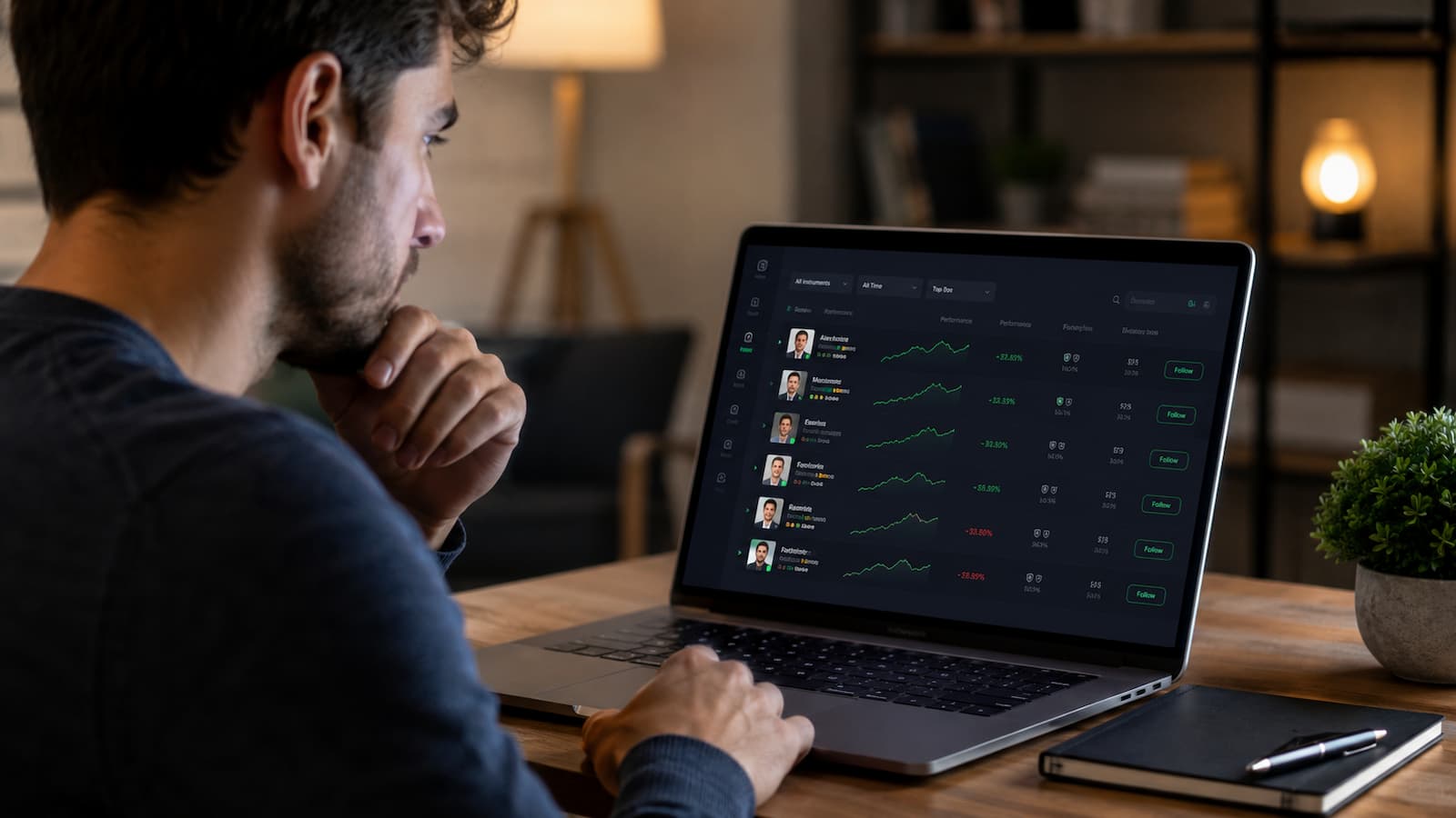 Usuario revisando copy trading y perfiles de inversión en una plataforma online.