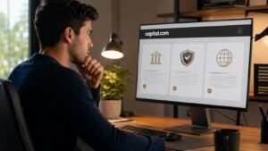 Usuario revisando licencias y condiciones de Capital.com antes de abrir cuenta.