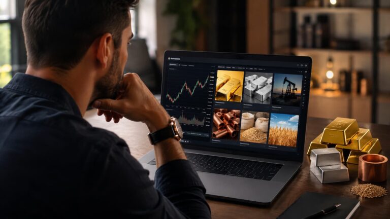 Usuario revisando oro y materias primas en una plataforma de trading.