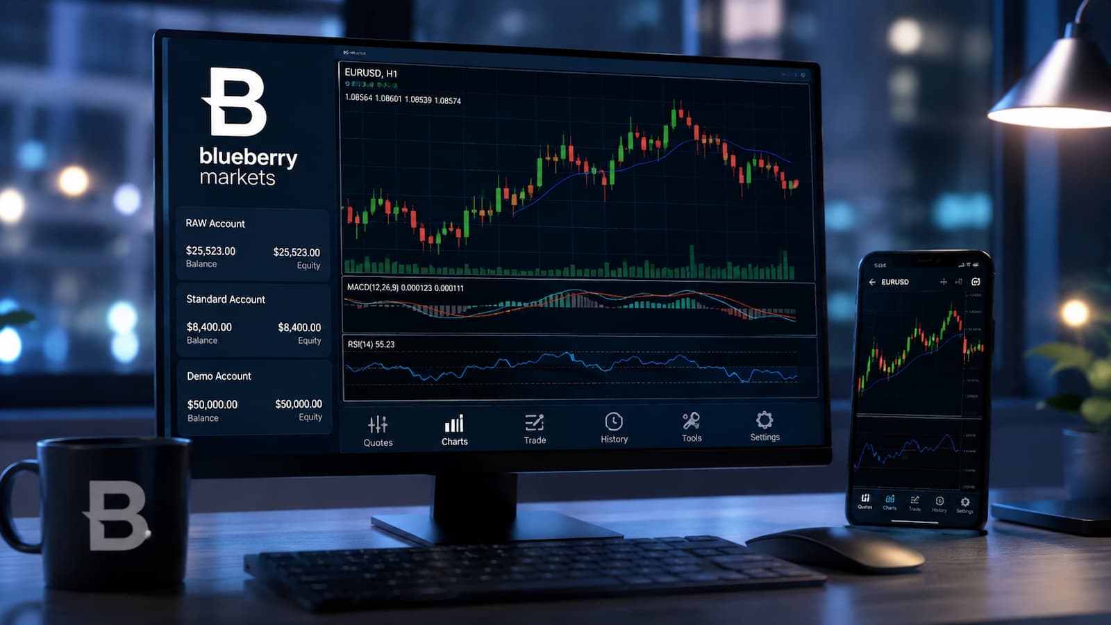 MT4 Blueberry Markets con gráficos cuentas CFD y herramientas de trading
