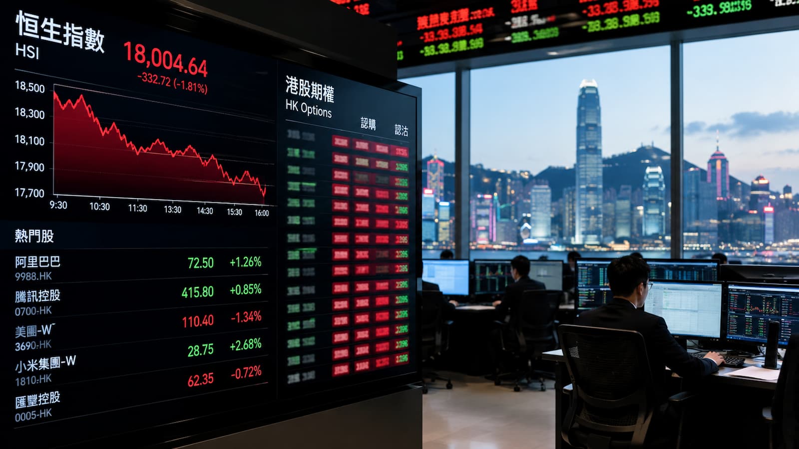 Pantalla de mercado con acciones asiáticas y opciones en Hong Kong