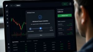 Pantalla de una plataforma de trading durante un proceso de cierre y retiro de fondos