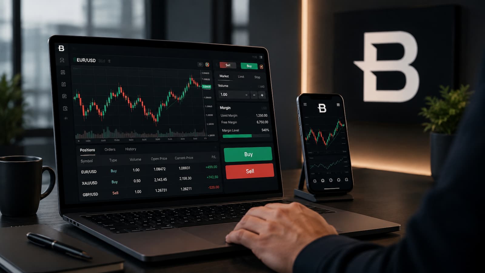 Plataforma trading con gráficos y control de margen