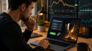 Trader revisa condiciones de un concurso y enlace de afiliado en un bróker.