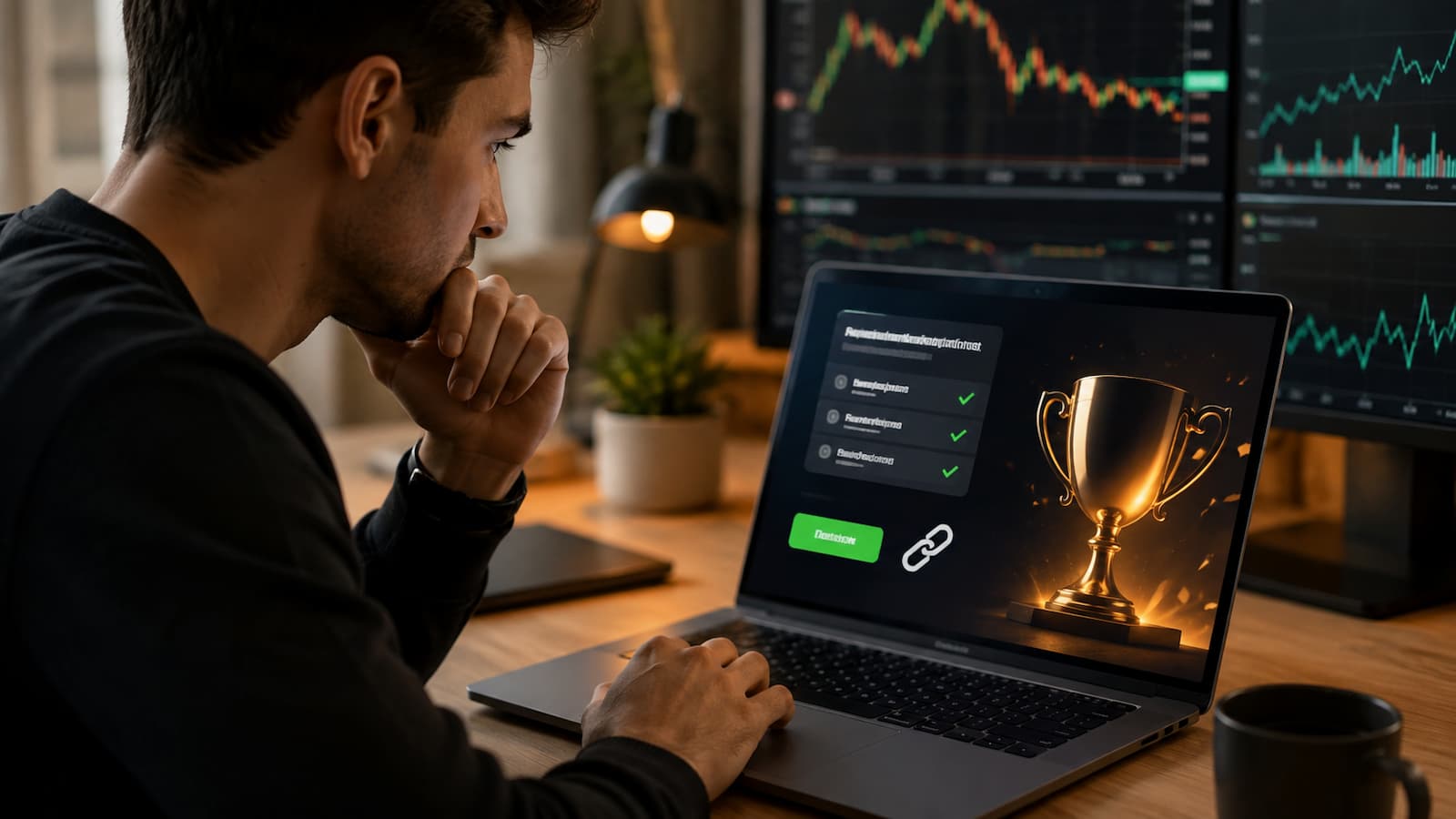 Trader revisa condiciones de un concurso y enlace de afiliado en un bróker.