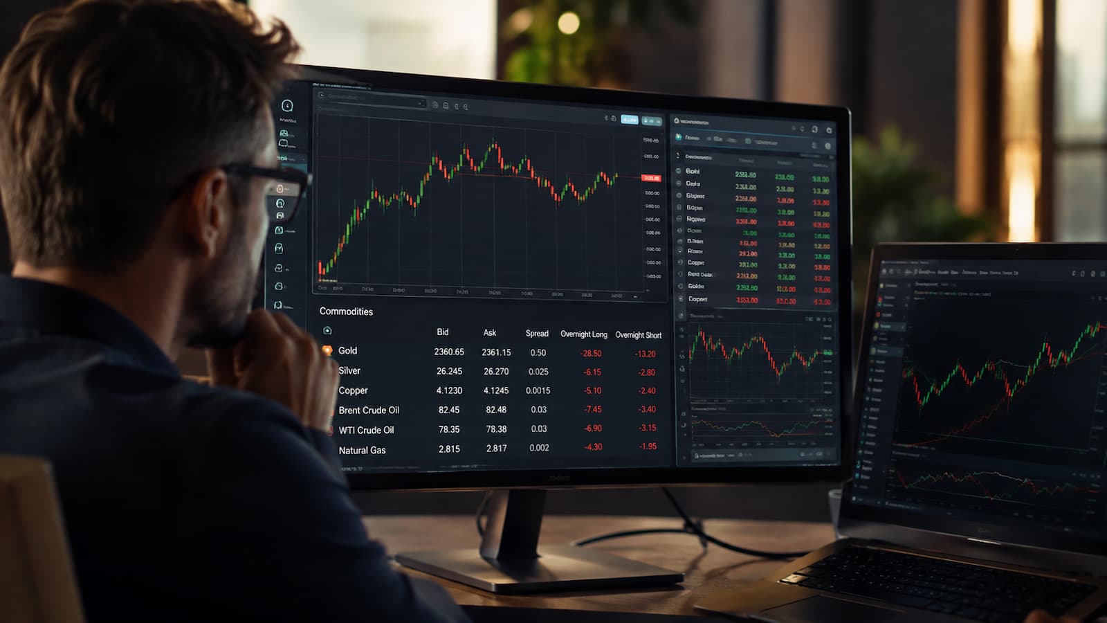 Trader revisa costes overnight en materias primas dentro de una plataforma de trading.