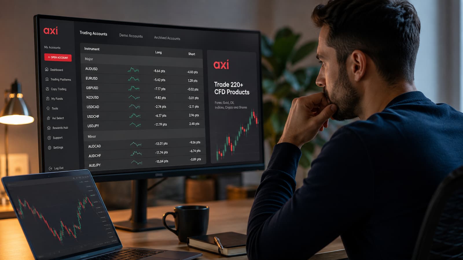 Trader revisando costes de swap en una plataforma de Axi