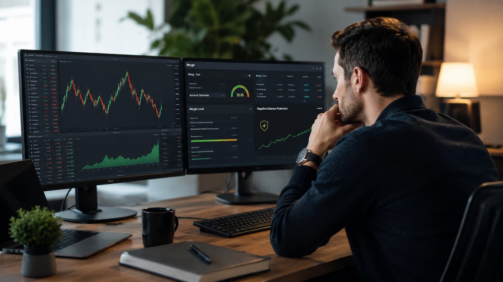Trader revisando margen y protección de saldo negativo antes de operar CFDs.