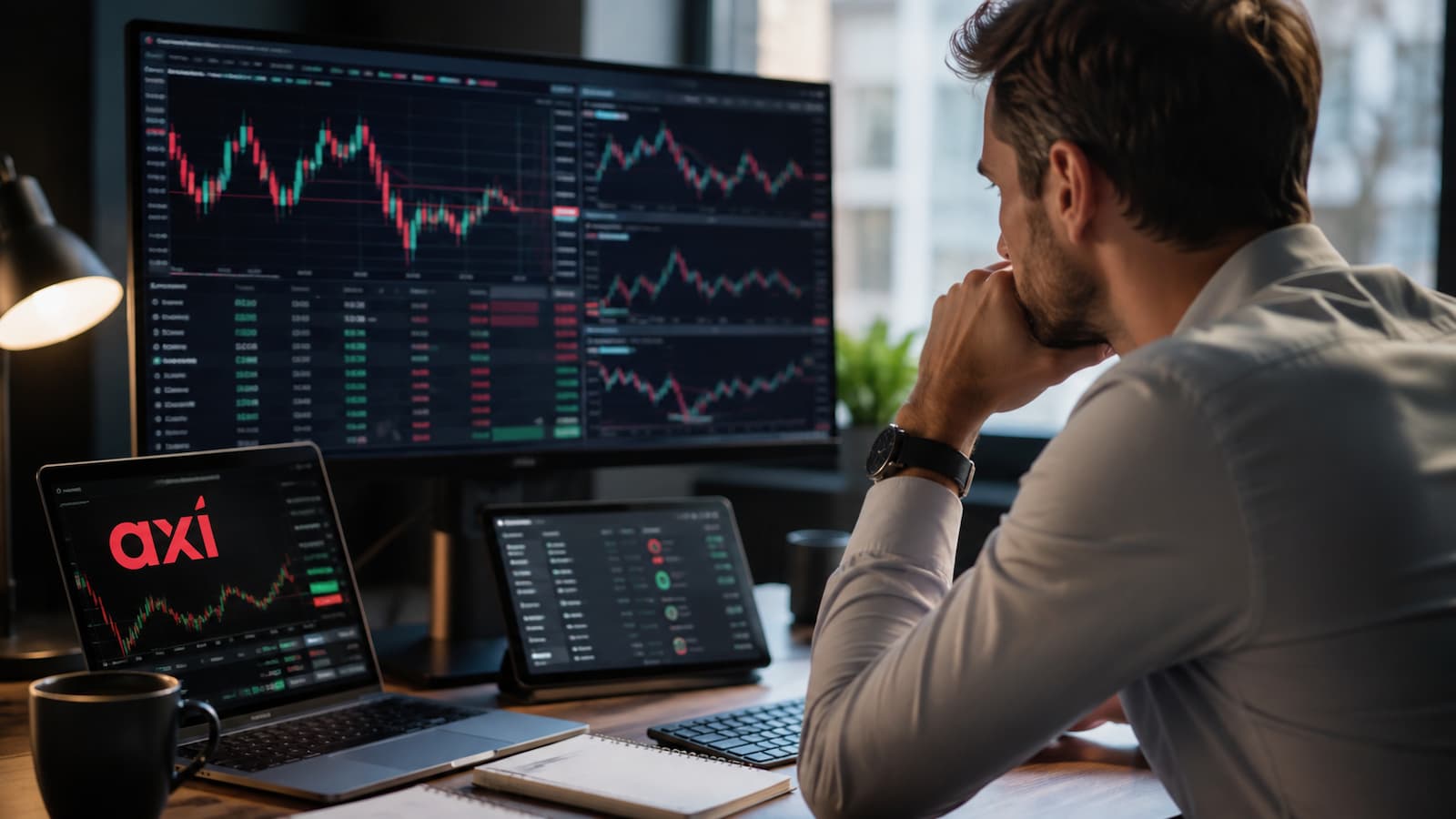 Trader revisando pares de divisas y costes de Forex en Axi