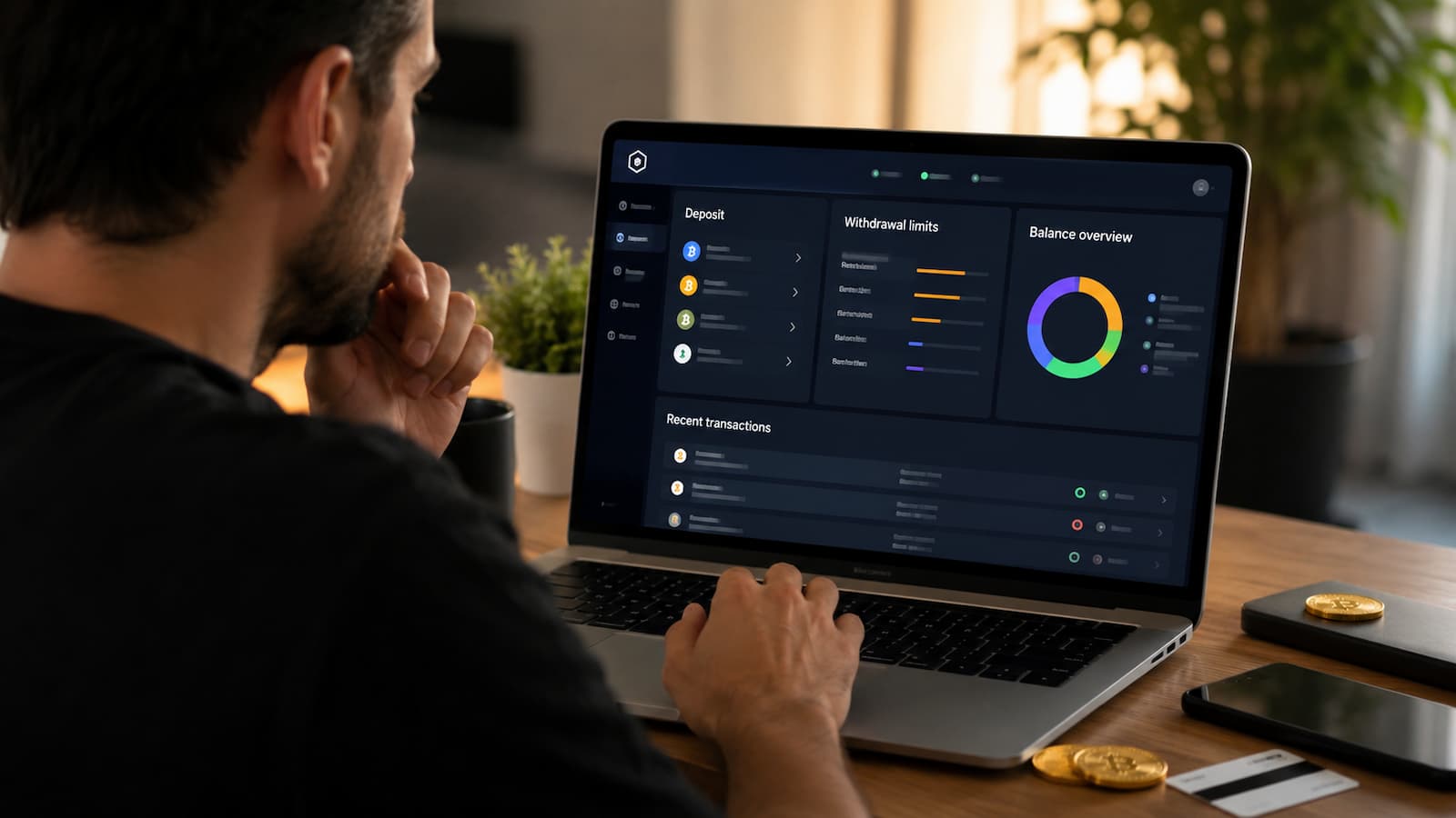 Usuario revisa límites y retiros en una plataforma cripto.