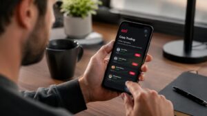 Usuario revisando copy trading en Axi desde una app móvil. (1)