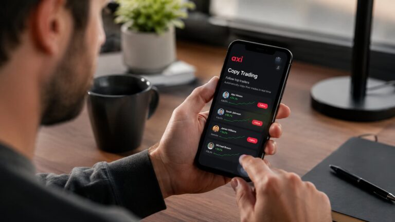 Usuario revisando copy trading en Axi desde una app móvil. (1)