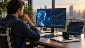 Inversor revisando herramientas de IA antes de operar desde una plataforma de trading.