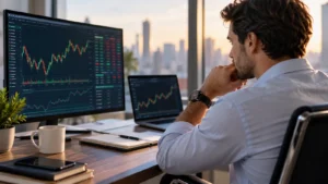 Plataforma de trading durante una revisión de órdenes y movimientos de caja.